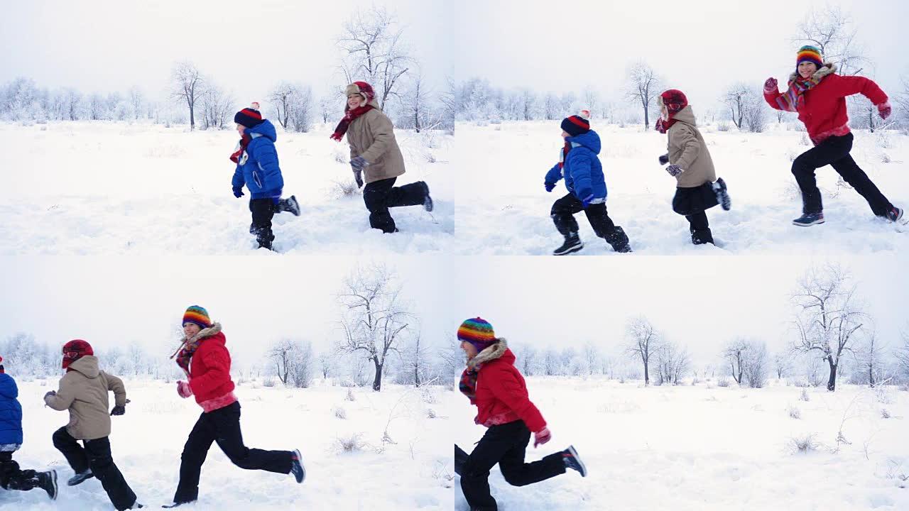 三个孩子在冬季景观上一起奔跑