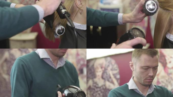 男性理发师用梳子和吹风机在美容院拉金发女孩的提示。制作体积发型