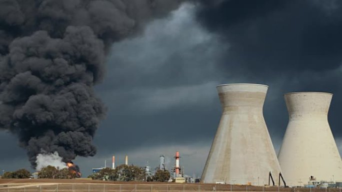 炼油厂事故-巨大的爆炸和火球上升。浓重的黑烟笼罩着天空。