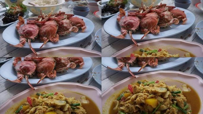 泰国中式海鲜。咖喱蒸蓝蟹和蟹肉