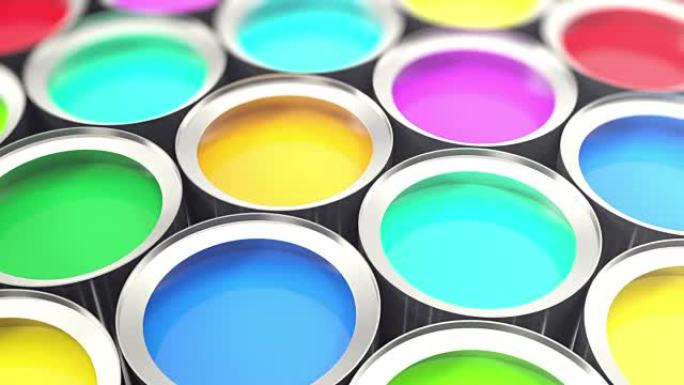 易拉罐油漆，一组带有彩色油漆染料的锡金属罐，可循环。3d动画