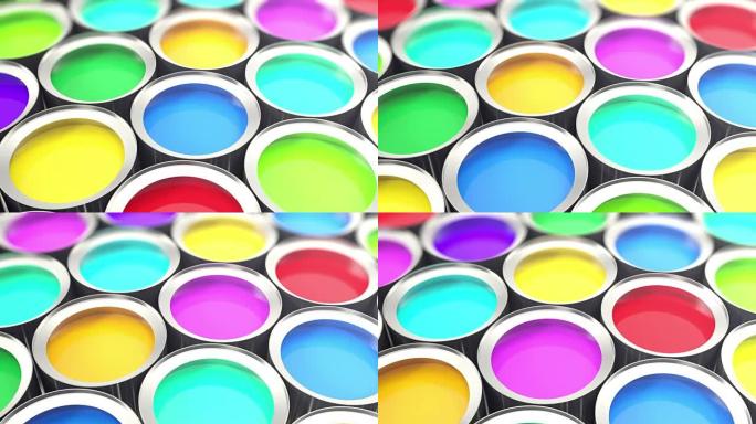 易拉罐油漆，一组带有彩色油漆染料的锡金属罐，可循环。3d动画