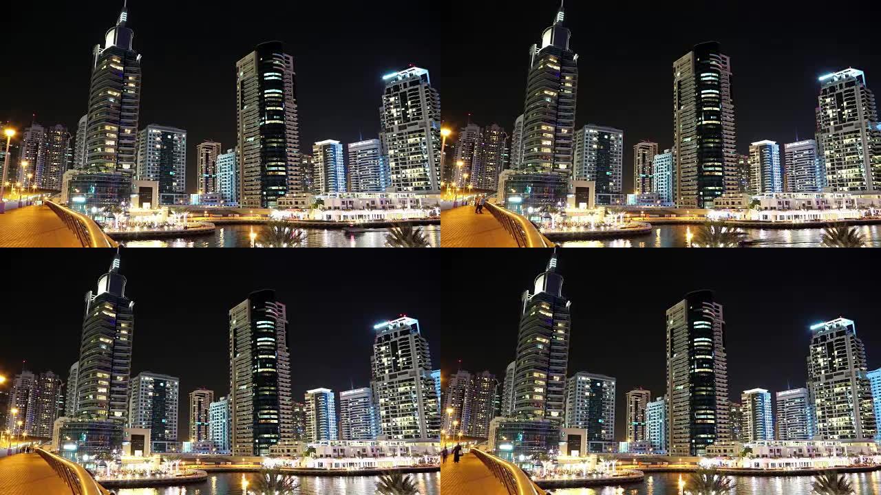 UHD 4k迪拜码头夜间延时，阿拉伯联合酋长国