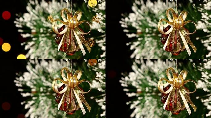 像贝壳一样的圣诞装饰 -- 树上的水晶棕色玩具，bokeh，浅色，黑色，花环，凸轮向右移动