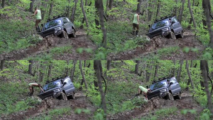 远征SUV被困在森林的泥泞中，越野