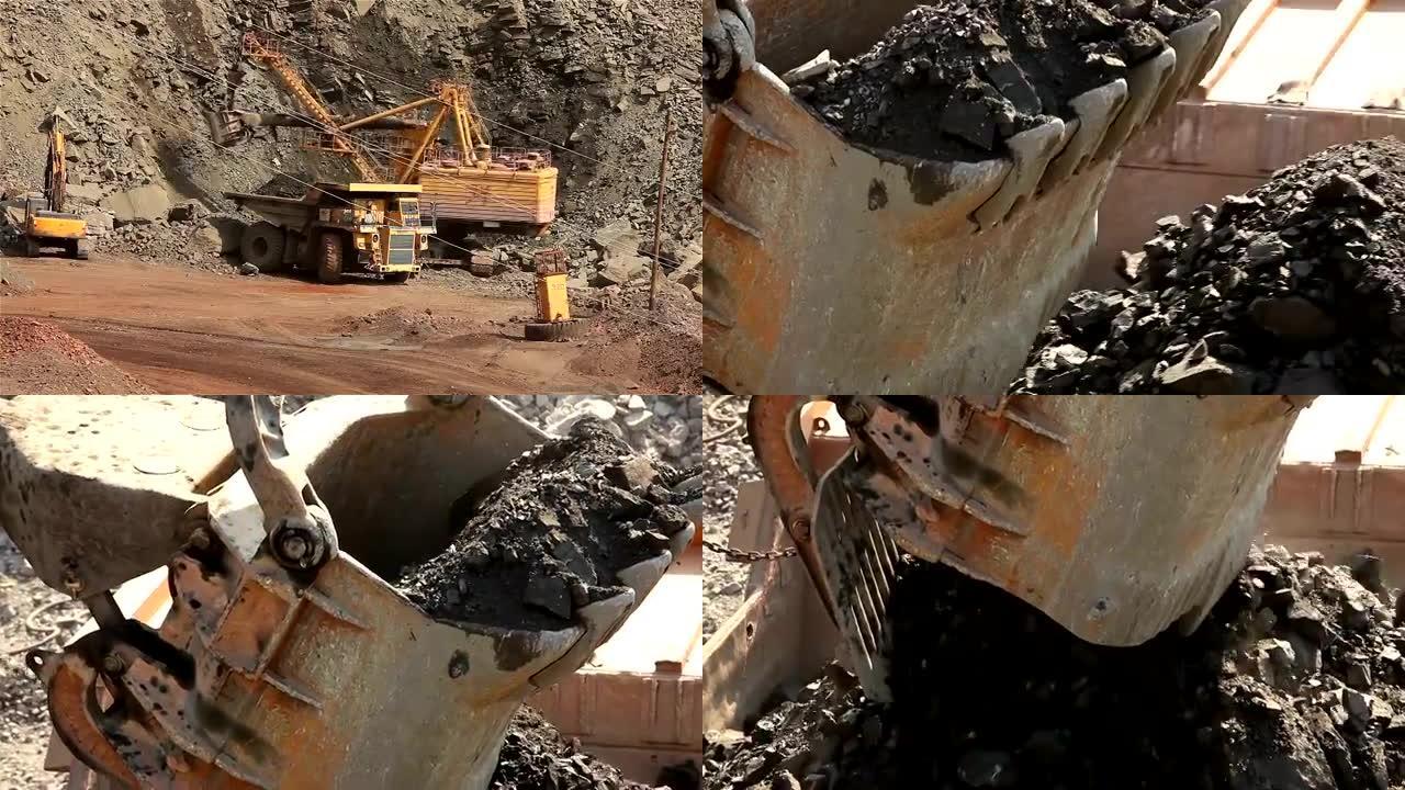 采石场中的挖掘机和翻车机，挖掘机在翻车机中装载原材料，在铁矿石采石场中工作。
