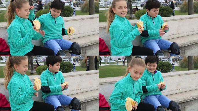 吃香蕉的年轻溜冰者