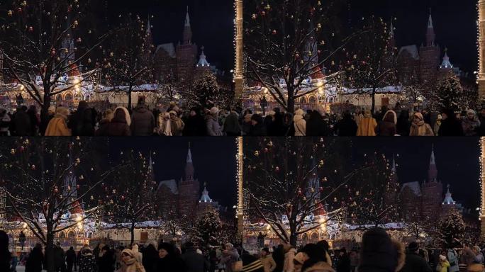 俄罗斯莫斯科-2016年12月30日: 人们在红场散步。口香糖附近的圣诞装饰。