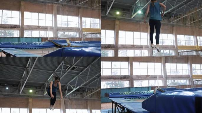 体操运动员在蹦床上跳跃，慢动作