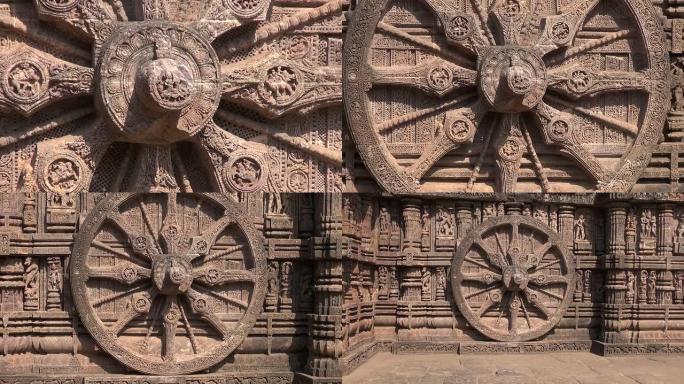 美丽的历史战车轮在太阳神庙，Konark，印度，联合国教科文组织