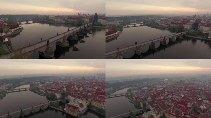 古代查理大桥和布拉格景观，空中拍摄