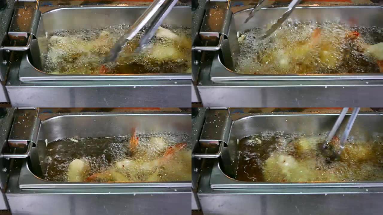 4k镜头，厨师手工烹饪炸虾虾，天妇罗日本料理，厨房