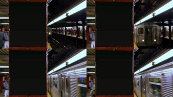 曼哈顿地铁列车接近带有空白ID标志的地下平台