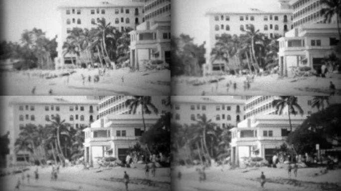 1953: 历史悠久的海洋奇缘冲浪者海滩酒店，游客们在嬉戏。