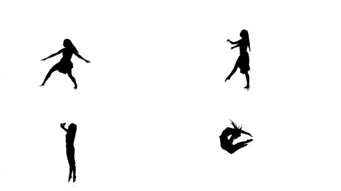 苗条的女舞者跳舞当代舞蹈和跳跃，白色，剪影，慢动作
