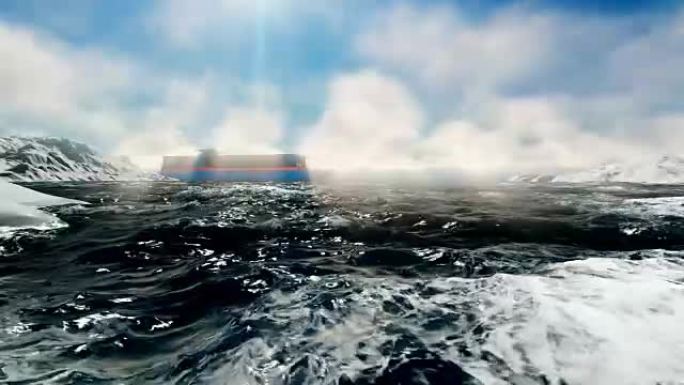 在Aisberg之间海上航行的货船