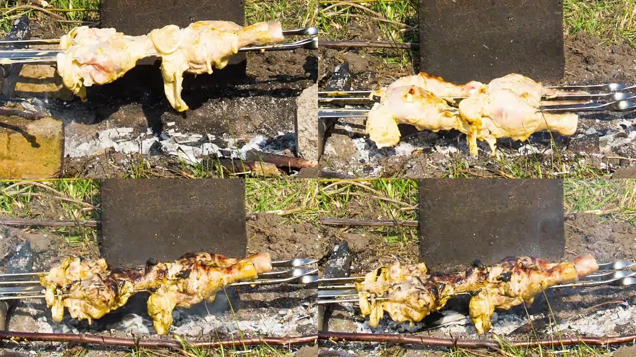 烤肉串和鸡肉是在大自然的火上煮的。时间流逝