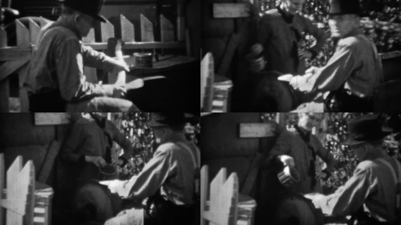 1936: 人磨刀斧在脚动力石轮磨石。