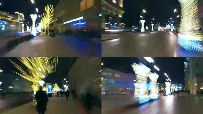 华沙圣诞节装饰的街道在晚上。欧洲城市动态全高清超流