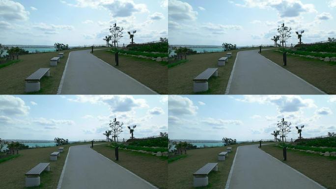 4K，公园里的空长凳和小路。冲绳，Senaga-jima