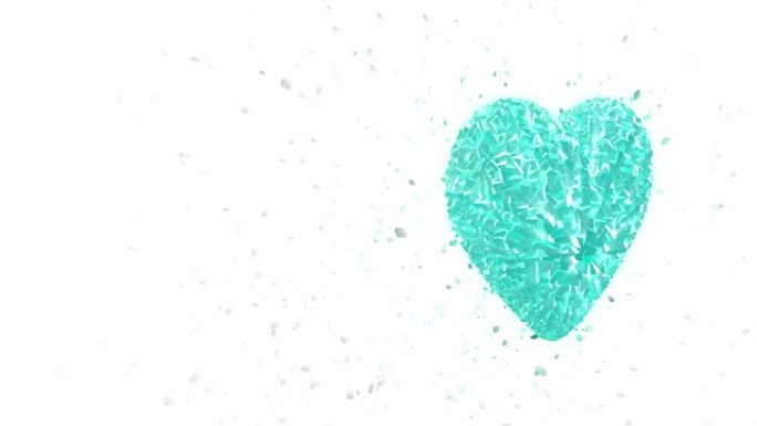 抽象循环动画背景: 旋转夜光3d冷冻心脏形成的碎片和浅蓝色旋转的立方体与杂散碎片。白色背景。无缝循环