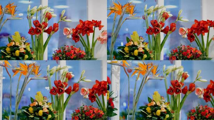 花店，在橱窗上有很多花束，这些花束来自 π 介子形玫瑰，孤挺花法拉利，带有不同花朵的花卉时尚组合