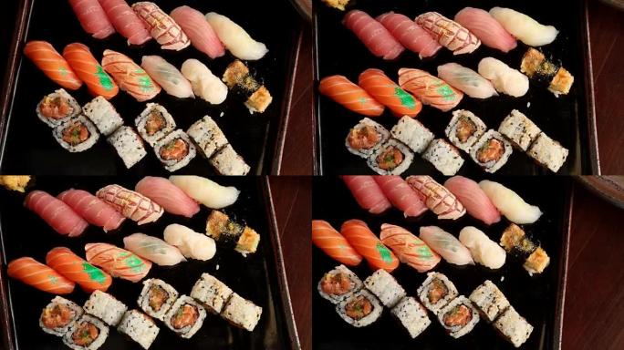各种寿司。从上方90度角拍摄的彩色寿司