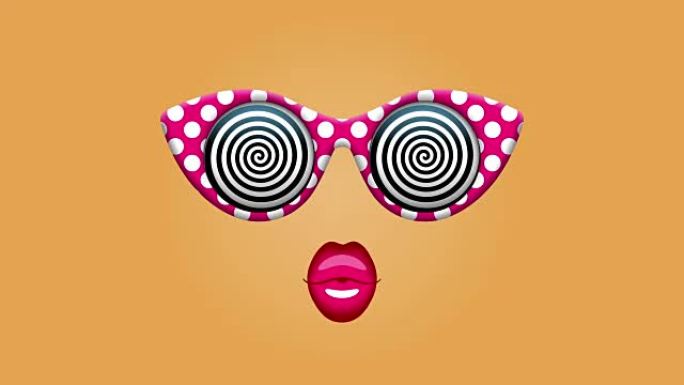 迷人的太阳镜，催眠螺旋和粉红色的嘴唇在不断变化的颜色背景