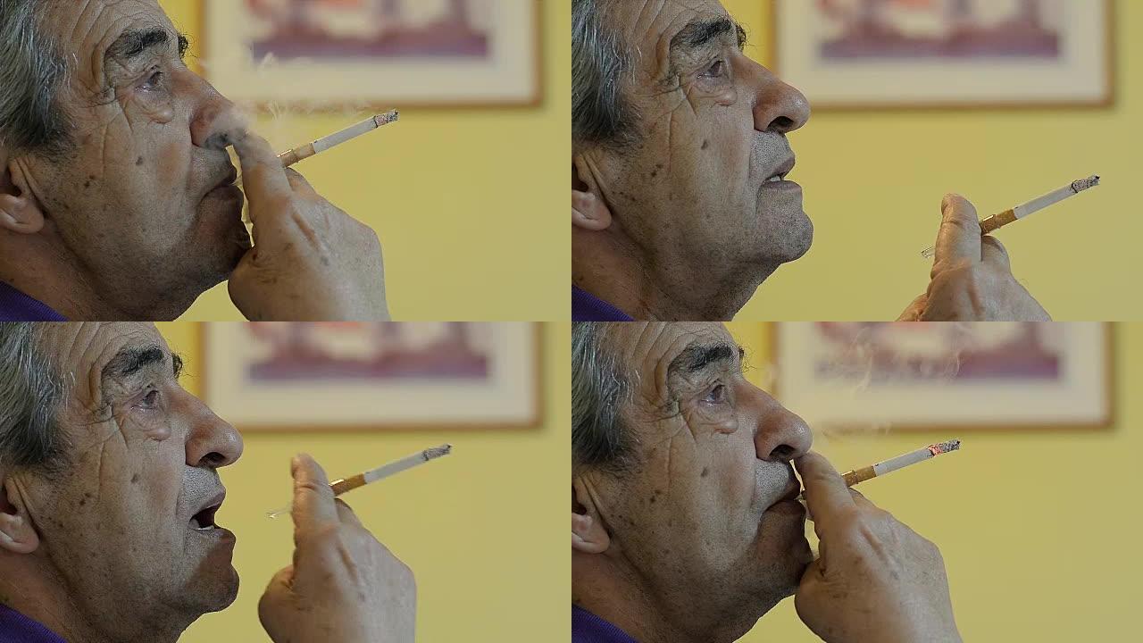一个老人用过滤器抽烟的特写镜头
