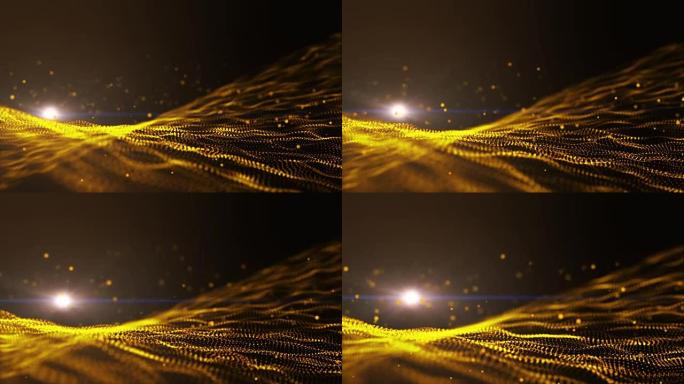 深金黄色和辉光粒子圈抽象背景与光线效果。