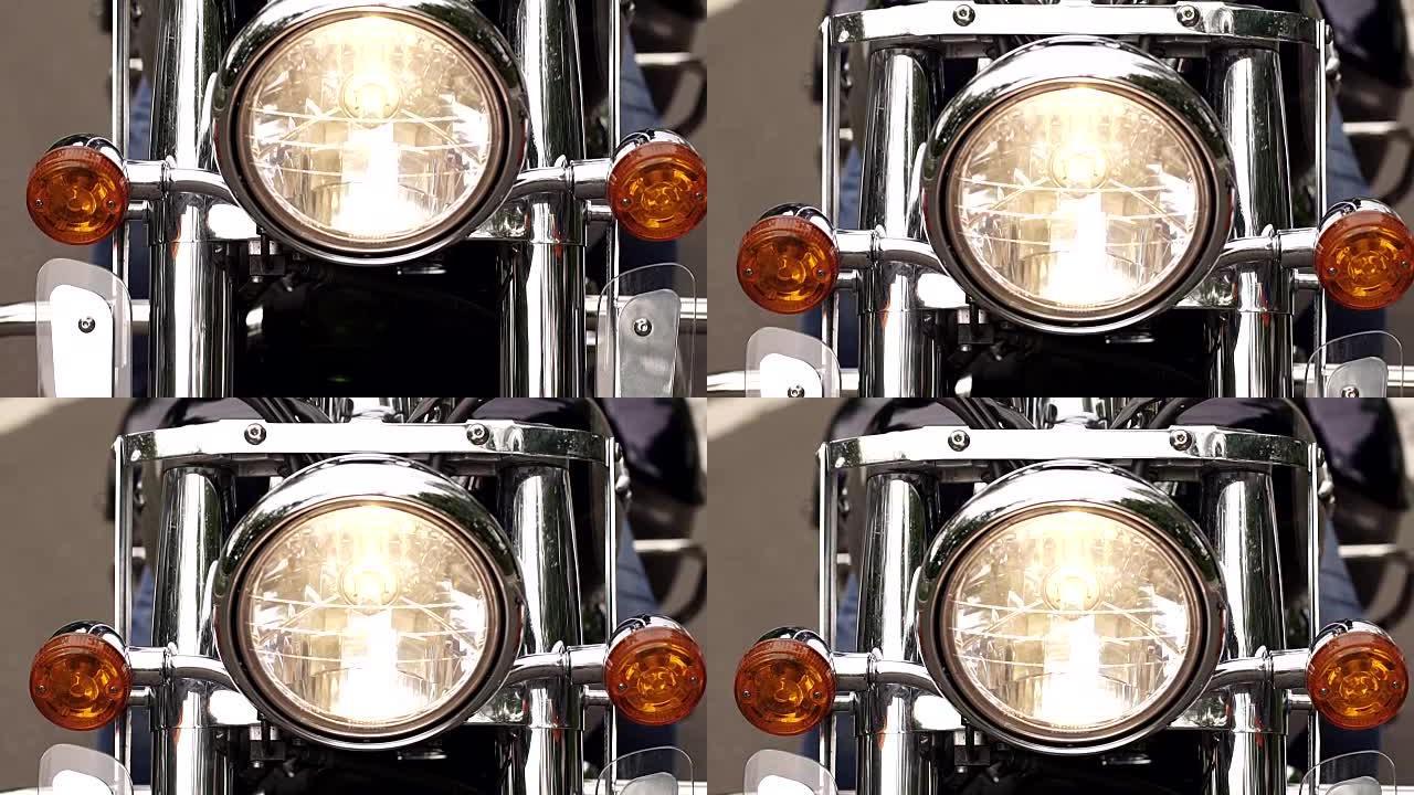 现代摩托车前灯的特写视图