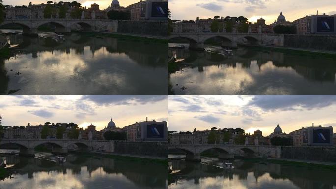 意大利日落著名罗马市梵蒂冈湾台伯河反射全景4k