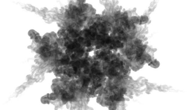 大量流动形成环，墨水注入在慢动作中被隔离在白色上。黑色颜料倒入水中。漆黑的背景或带有烟雾的背景，对于