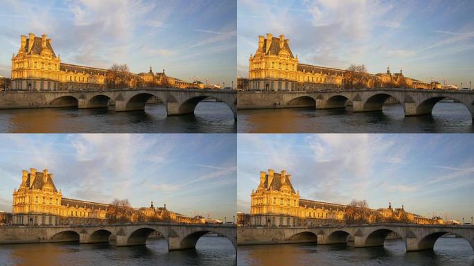 法国日落阳光塞纳河卢浮宫博物馆桥侧全景4k