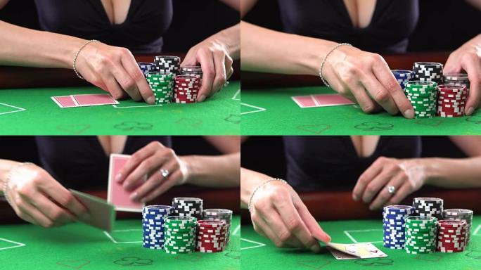 扑克玩家全力以赴，并显示两个a。赌博、风险、运气、赢、乐趣和娱乐的概念。普洛雷斯·富勒德