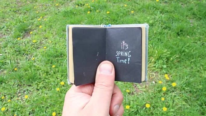 春天的时候。关于草和花背景的书中的文字