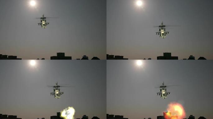 军用直升机发射带有爆炸的导弹