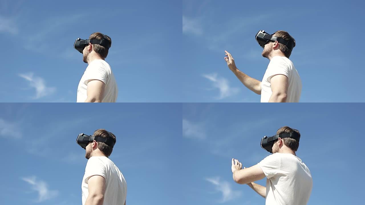 盖伊在天空的背面使用虚拟现实眼镜