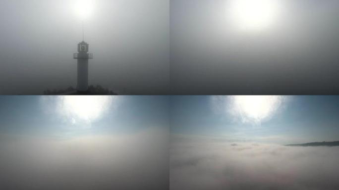 浓雾和薄雾中的灯塔，鸟瞰图