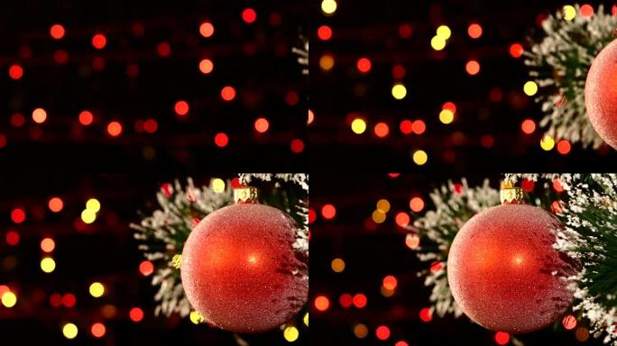 不寻常的装饰 -- 圣诞树上的圆形闪亮红色玩具，bokeh，浅色，黑色，花环，凸轮向右移动