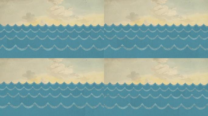 彩绘多云天空背景上有风的纸板海浪