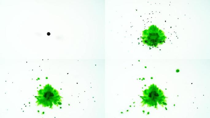 白色背景下的绿色液体落入水中，慢动作4K