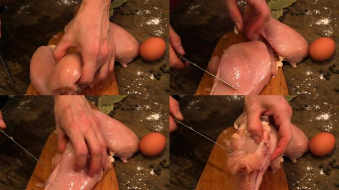 女性手切生鸡肉