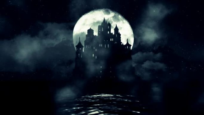 海中的一座黑色大城堡，月夜升起