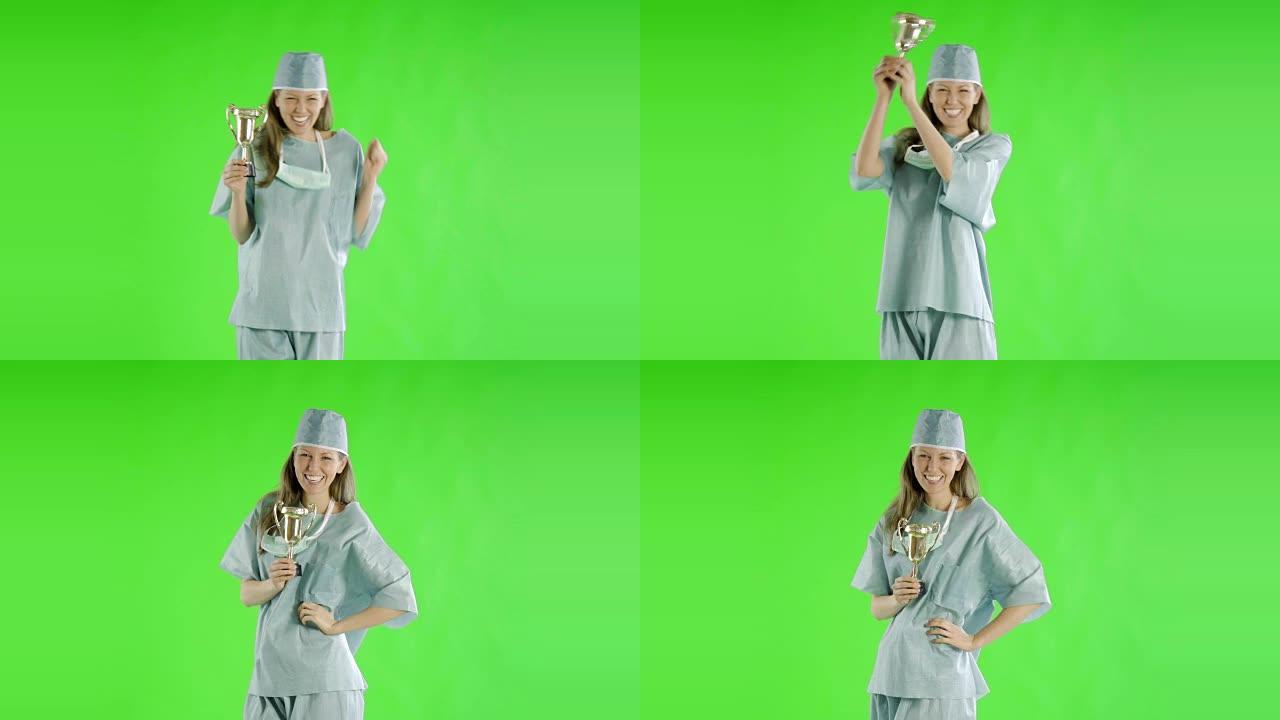 白人妇女greenscreen削减了医生保健护士的磨砂膏