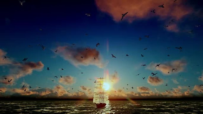 古老的海盗船航行，美丽的日落，海鸥飞翔，倾斜，声音包括在内