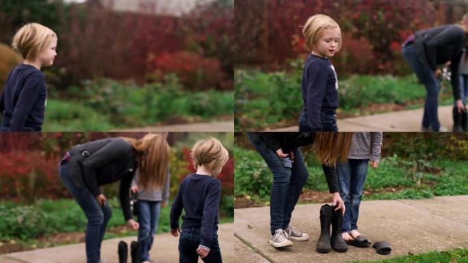 一个小女孩在公园里散步，一个母亲在帮助儿子穿鞋，慢动作