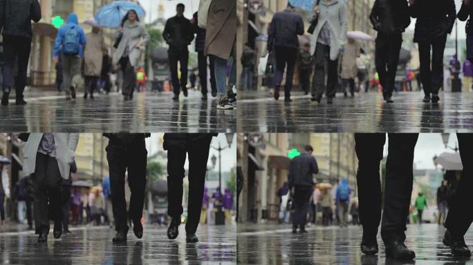 城市街道雨天的背景。实时。雨中带伞的人上下班。模糊的波克。自然背景
