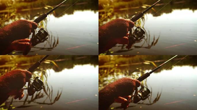温暖的镜头: 渔夫在旋转的线圈上旋转，希望派克抓住它