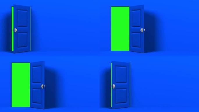 带文本空间和绿色色度键的蓝色门